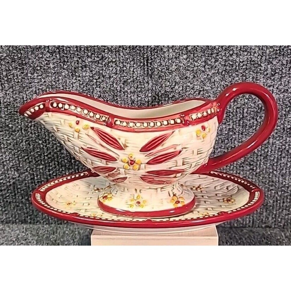 Temp-Tations by Tara Gravy Boat & Dish~ Old World Red Basketweave~9 oz